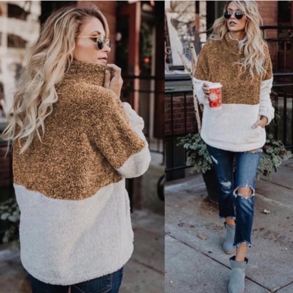 Color Block  Plush Sherpa Zipper Pullover